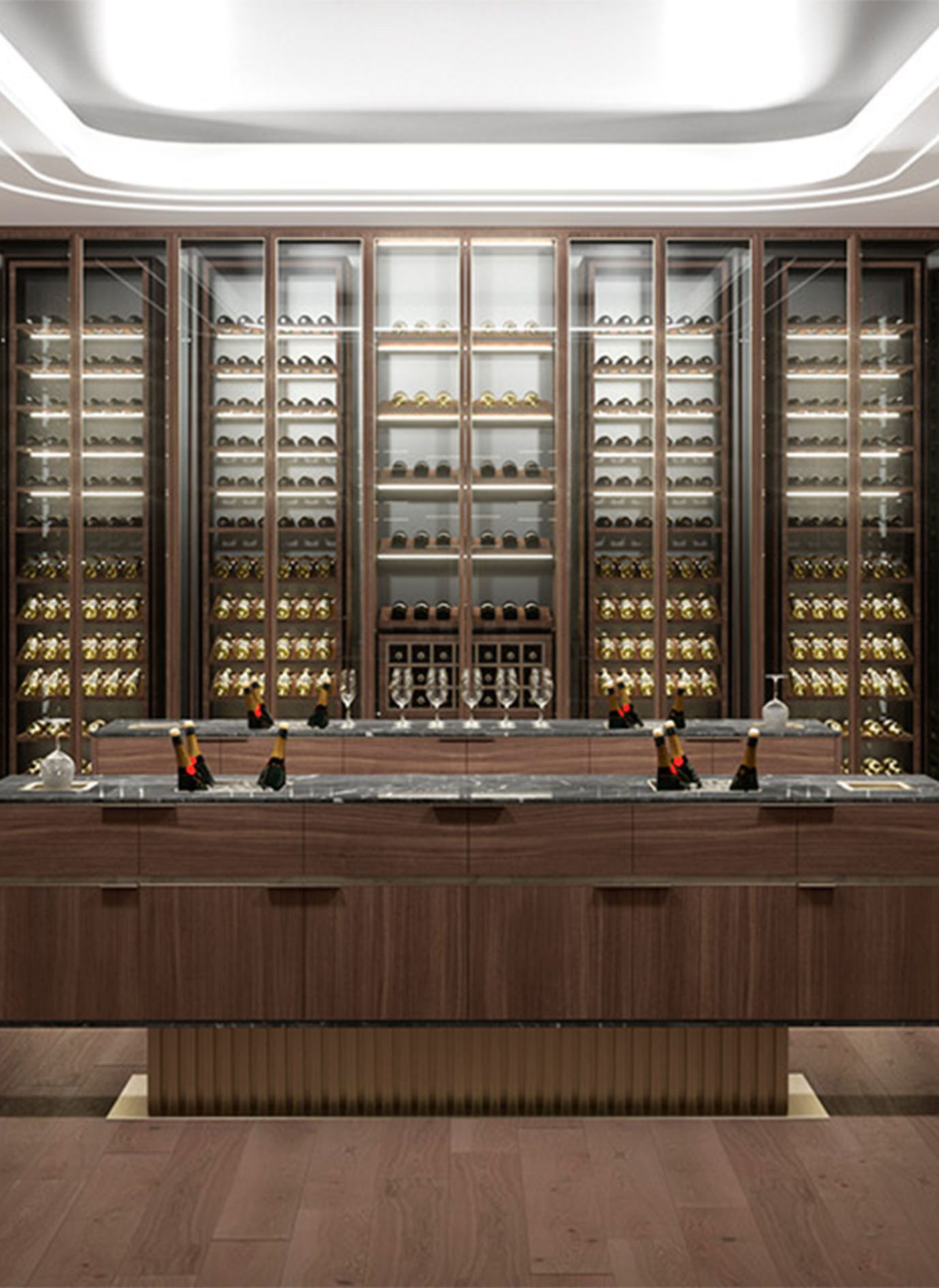 table next to a wall mounted wine stand